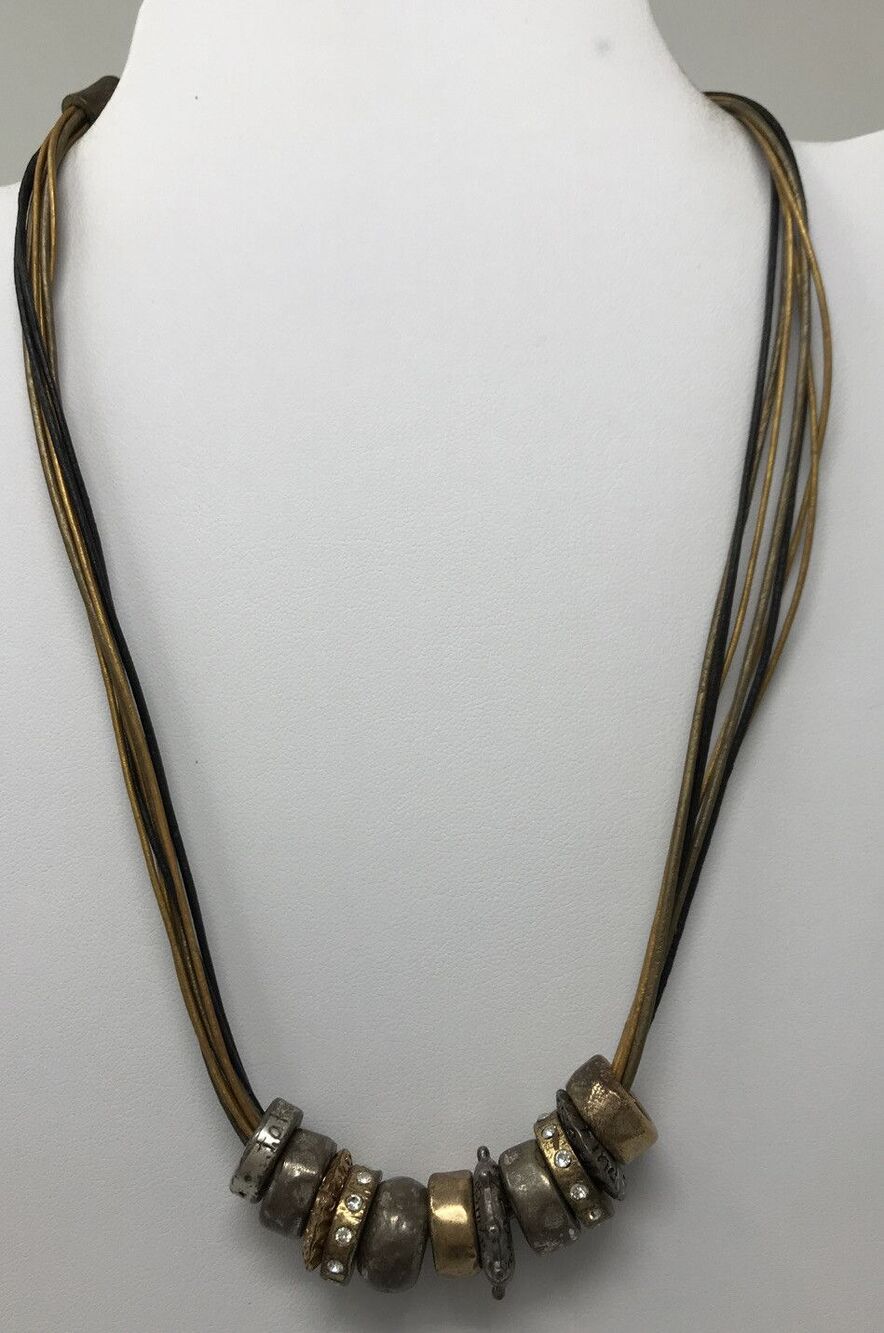 CHICO'S Necklace Copper Tone Silver Tone Discs Beads Multi Strand Layer